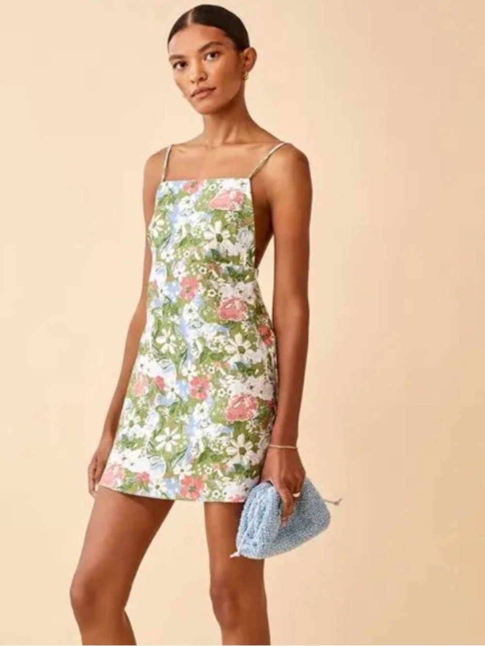Reformation Linen Wiley Dress SIZE 8 Floral Square-Neck Mini Dress ๐ Green